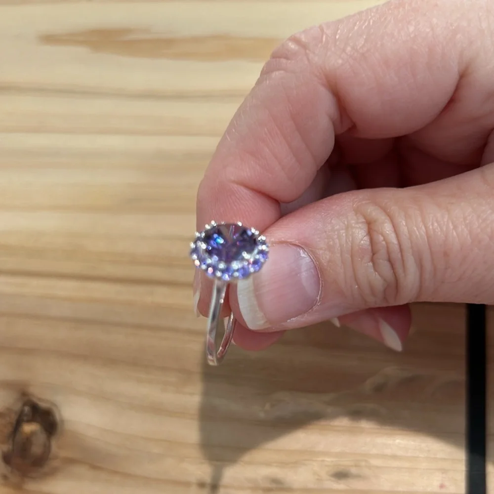 Amethyst Simulated Diamond Halo Ring 925 Sterling Silver Purple Gemstone